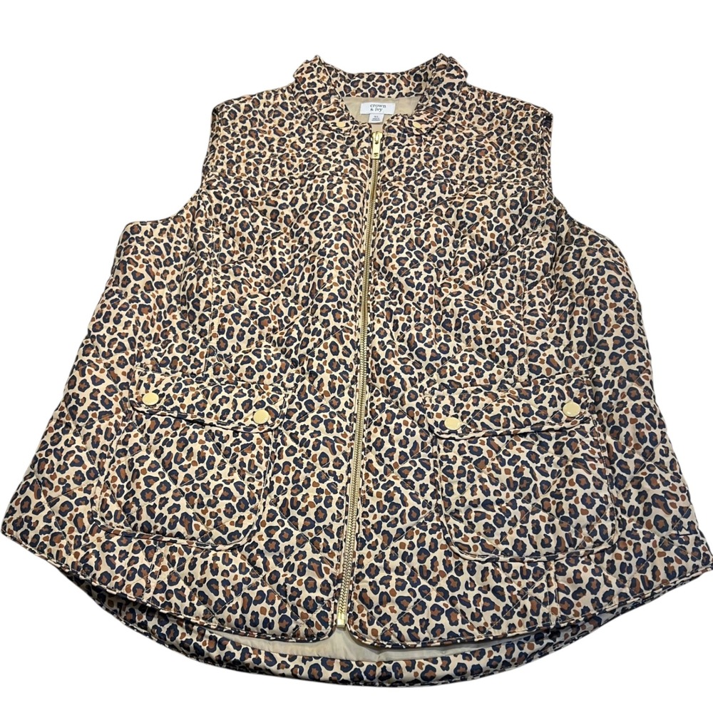 Crown & Ivy Animal Print Quilted Puffer Full Zip Vest Women's Size XL Cozy Warm